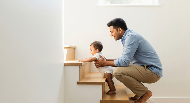 Father Helps Baby Learn to Climb Stairs in Modern Home