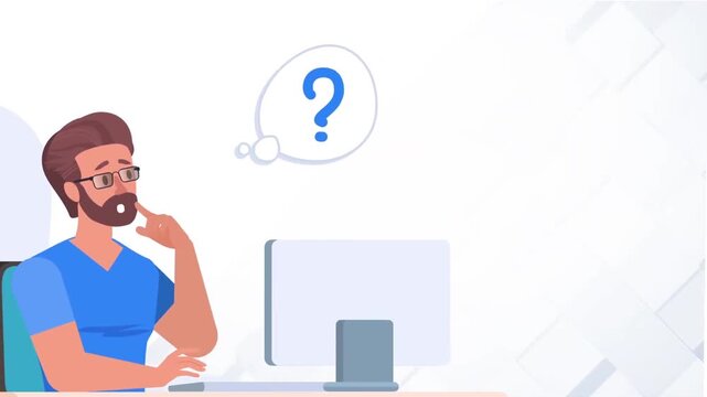 Confused man thinking with question mark above head, problem solving and decision making concept, uncertainty and brainstorming animation scene