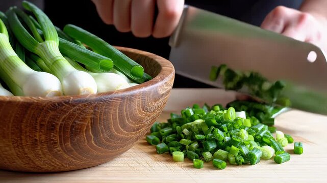 Chef Chopping Fresh Green Onions on Wooden Cutting Board, Close-Up