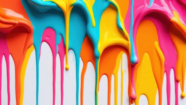 Vibrant Multi Colored Glossy Paint Drips on White Surface Abstract Liquid Art