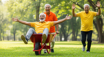 Fototapeta premium Joyful Senior Indian Men Playing with Wheelbarrow in Park