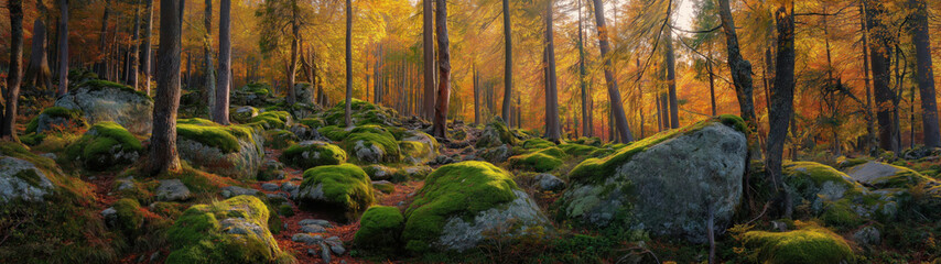 Obraz premium Golden leaves fall on mossy rocks in the forest, created with AI