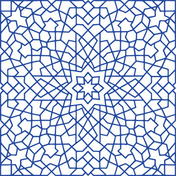 Modern Islamic Geometric Pattern Vector; Abstract Blue and White Eight-Pointed Star Arabesque Ornament for Ramadan 2026, Eid Mubarak Branding, and Luxury Middle Eastern Architectural Decoration.