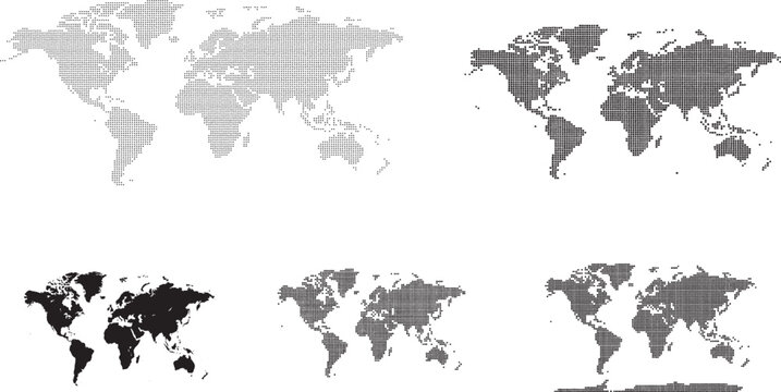 Dotted World Map Vector Collection; Five Stylized Global Maps in Gray and Black for Data Visualization, Tech Connectivity, Population Density Infographics, and Corporate Website Header Backgrounds.