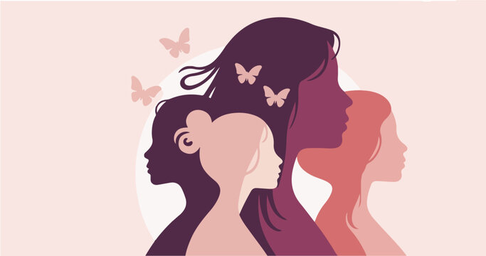 Stages of Life Women's Progression Banner; Four Female Silhouettes from Youth to Maturity with Butterflies; Vector Illustration for Aging Gracefully, Motherhood, and Generational Growth Headers.