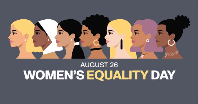 Women's Equality Day August 26 Banner; Diverse Group of Six Female Faces for Diversity, Inclusion, and Feminism Celebration; Multicultural Women Empowerment Vector Illustration for Web Headers.