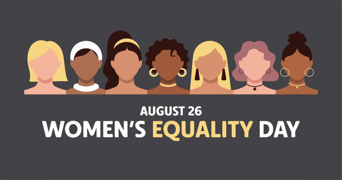Women's Equality Day August 26 Banner; Diverse Group of Six Female Faces for Diversity, Inclusion, and Feminism Celebration; Multicultural Women Empowerment Vector Illustration for Web Headers.