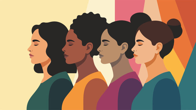 Diverse Women Group Profile Banner; Multicultural Female Empowerment Illustration for Diversity and Inclusion, Sisterhood, Mindfulness, and Corporate Social Responsibility Website Headers.