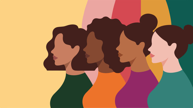 Diverse Women Group Profile Banner; Multicultural Female Empowerment Illustration for Diversity and Inclusion, Sisterhood, Mindfulness, and Corporate Social Responsibility Website Headers.