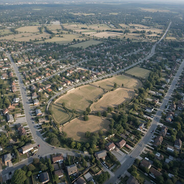 Aerial view of suburban houses, roads, and undeveloped land.