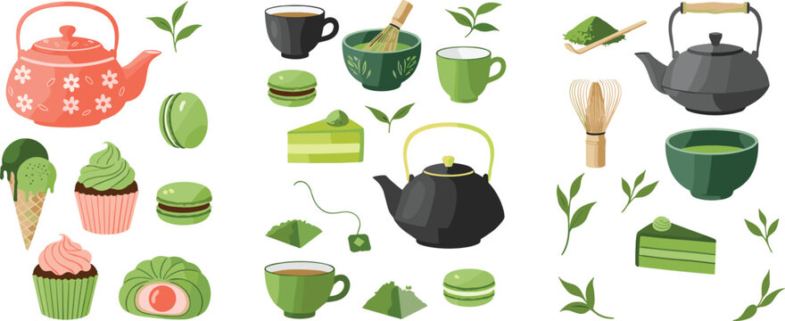 Matcha tea and desserts collection with teapots, cups, sweets and ingredients, Japanese green tea set for cafe menu, food design and vector illustration