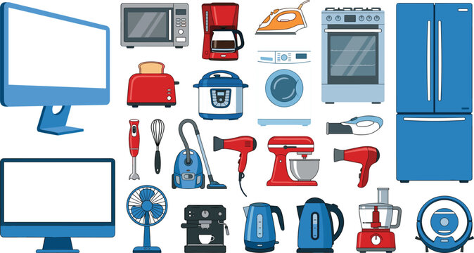 Comprehensive vector set of colorful home electronic appliances featuring refrigerators computers kitchen gadgets and various laundry tools.