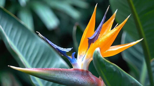 Close-Up of a Bird of Paradise Flower With Water Droplets on Petals