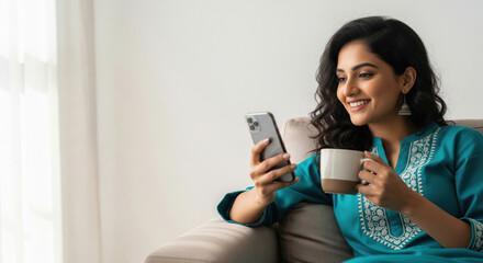 Fototapeta premium Happy Indian Woman Browsing Smartphone and Drinking Coffee at Home