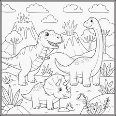 A playful scene of dinosaurs with a volcano and clouds coloring page © Tonni 