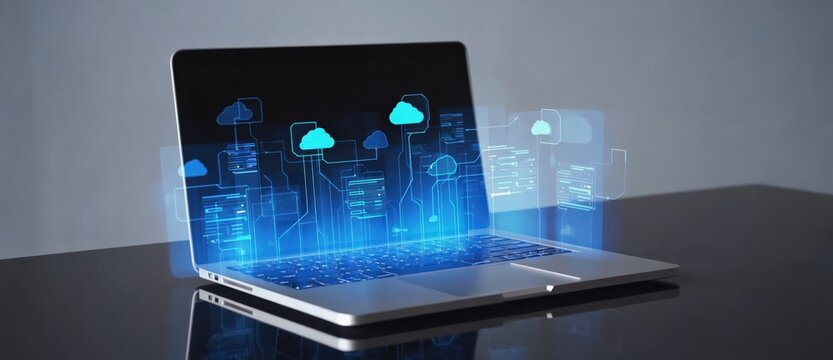 Cloud Computing Network Interface &mdash; Digital Infrastructure Concept. Futuristic cloud computing visualization with connected data nodes and digital infrastructure emerging from a laptop. 20