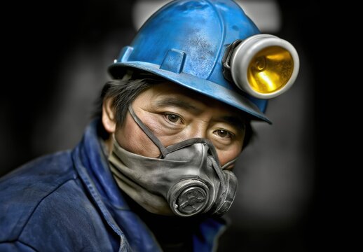 Close up of an ordinary Asian man wearing a blue hard hat and protective respirator mask, highlighting respiratory health awareness