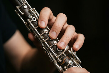 Obraz premium detail of the musician's fingers on the oboe keys