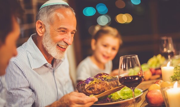 Grandfather in a yarmulke smiles, holding a food platter, sharing a traditional evening meal with his grandchild at a festive dinner