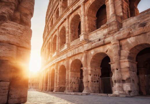The historic Roman Colosseum stands majestically as the sun sets, casting long shadows and a warm glow on its ancient stone arches