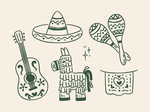 Hand drawn Mexican culture doodle set with guitar, sombrero, maracas, pinata and papel picado banners.