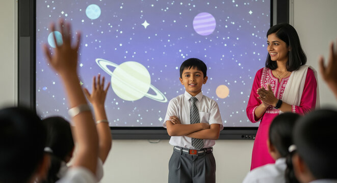 Young Indian Student Presents Space Project in Modern Classroom