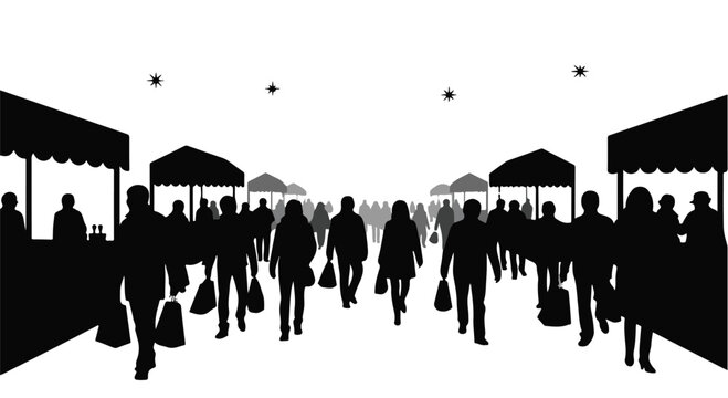 Crowd of anonymous silhouettes walking through a bustling outdoor market with stalls