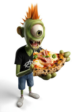 Monstro punk verde com cabelo moe cano ruivo de olho s&oacute;, com camiseta preta, bermuda e cal&ccedil;a jeans, tenis, est&aacute; comendo pizza com a m&atilde;o no fundo branco. s&oacute; palavras chaves em portugu&ecirc;s.