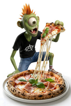 Monstro punk verde com cabelo moe cano ruivo de olho s&oacute;, com camiseta preta, bermuda e cal&ccedil;a jeans, tenis, est&aacute; comendo pizza com a m&atilde;o no fundo branco. s&oacute; palavras chaves em portugu&ecirc;s.