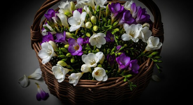 Beautiful floral arrangement in basket with purple and white freesias, elegantly styled with green foliage.