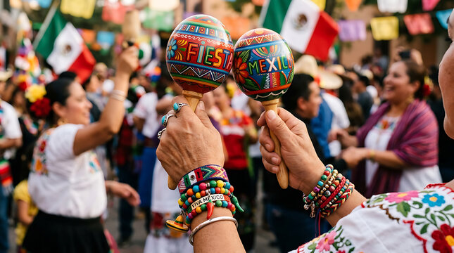 Cinco de Mayo Street Celebration with People Holding Maracas, Festive Mexican Music and Crowd Atmosphere