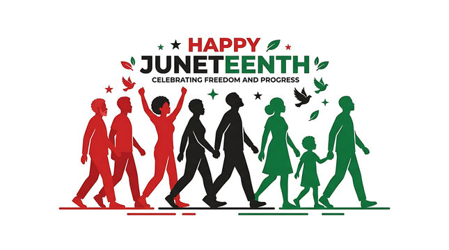 Happy Juneteenth Diverse Silhouettes Walking Together Representing Equality, Freedom and Unity in African American History