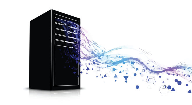 Modern black server tower emitting abstract data streams against a white background