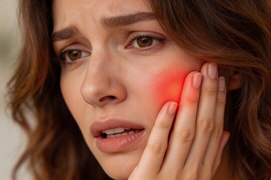  Jeune femme fran&ccedil;aise souffrant d'un mal de dents, concept de probl&egrave;me dentaire