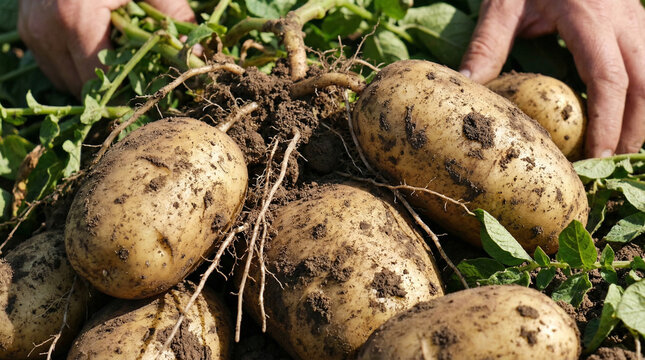 R&eacute;colte de pommes de terre fra&icirc;ches avec racines sur la terre, concept d'agriculture, champ en France, exportation et importation
