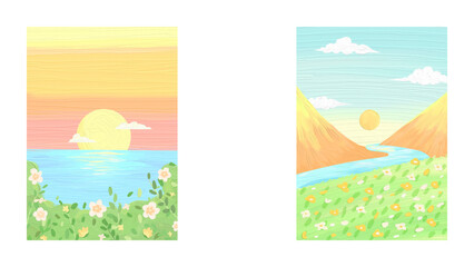 Fototapeta premium Vibrant illustrations of serene landscapes with sunsets and floral meadows against a clean white background