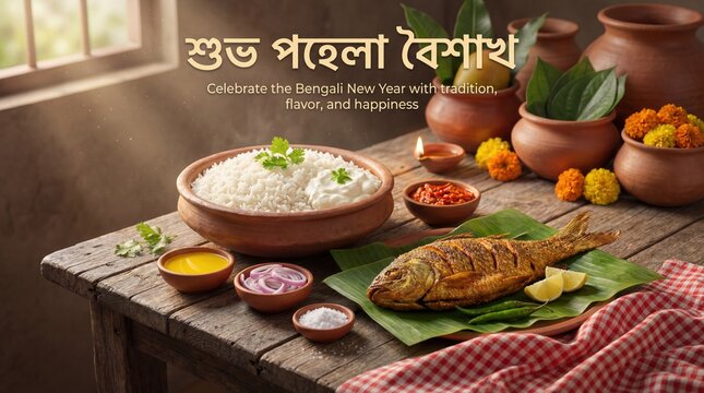 Traditional Bengali new year celebration with food
