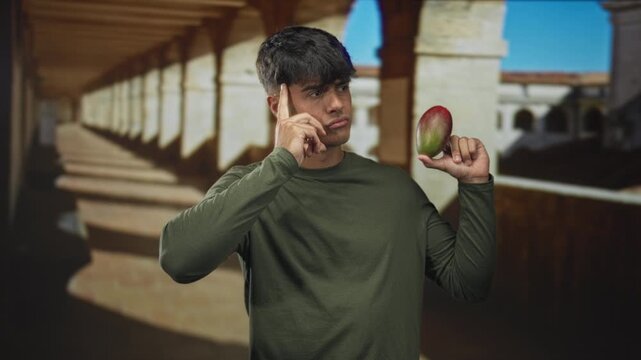 Man holds mango, finger to temple gesture in cloister building colonnade with sunlight and shadow on stone; contemplation curiosity.