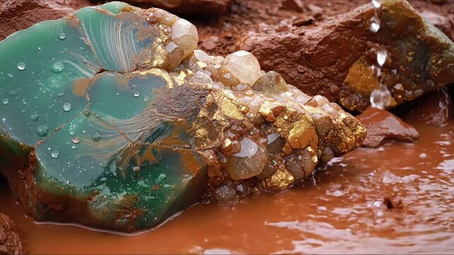 Raw Malachite on Red Muddy Ground.