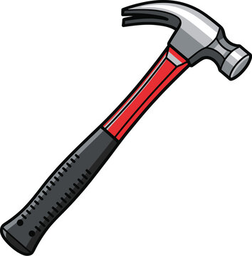 Claw hammer with striking head and red and black ergonomic handle.