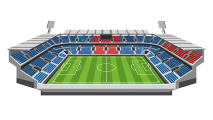 Illustration of a soccer stadium with blue and red seating, a green soccer field, and white lines, set against a clean white background, representing a day event between countries for the © Hadi