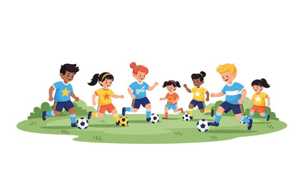 Illustration of diverse children playing soccer on a green field with colorful uniforms and balls, conveying a joyful and lively atmosphere.