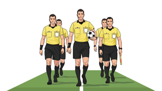 Illustration of soccer referees walking on a green field with a soccer ball, wearing yellow shirts and black shorts, against a white background, conveying a sense of sports and teamwork.