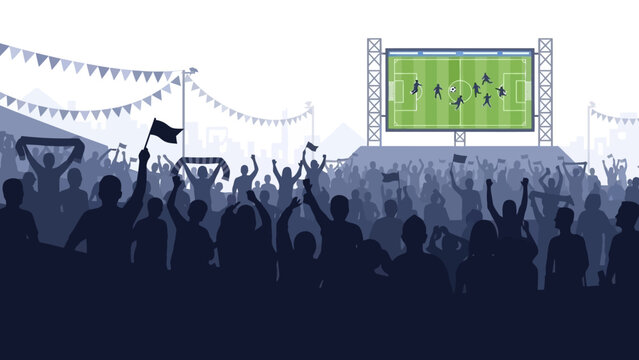 Illustration of a lively soccer stadium scene with a crowd of people cheering on a soccer game between countries on a bright event day with a large screen and festive background.