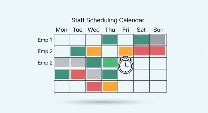 Staff Scheduling Calendar Displaying Employee Work Schedules.