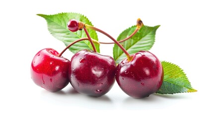 Obraz premium A single ripe cherry with a fresh green leaf, fully isolated on a plain white background, showing vivid red color, smooth skin and delicate natural details. The minimalist composition with clear focus
