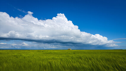 Obraz premium Dramatic Storm Clouds Over Vast Vibrant Green Field with Small Barn in Distance