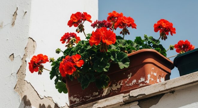Bright red geranium flowers in a pot on outdoor ledge with sunlight illuminating petals. Beautiful geranium arrangement adds color to rooftop garden setting.