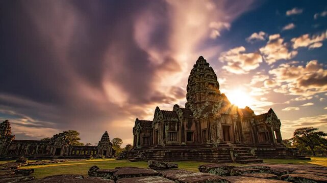 Epic time-lapse reveals stunning ancient temple silhouette against vibrant sunset sky with dramatic cloud movement
