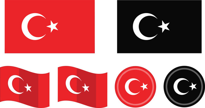 Collection of Turkish flag icons and variations, vector illustration of national symbols and design, flat vector illustration